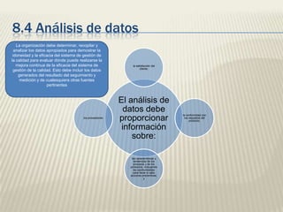 8.4 Análisis de datos
La organización debe determinar, recopilar y
analizar los datos apropiados para demostrar la
idoneidad y la eficacia del sistema de gestión de
la calidad para evaluar dónde puede realizarse la
mejora continua de la eficacia del sistema de
gestión de la calidad. Esto debe incluir los datos
generados del resultado del seguimiento y
medición y de cualesquiera otras fuentes
pertinentes

los proveedores

la satisfacción del
cliente,

El análisis de
datos debe
proporcionar
información
sobre:
las características y
tendencias de los
procesos y de los
productos, incluyendo
las oportunidades
para llevar a cabo
acciones preventivas,
y

la conformidad con
los requisitos del
producto,

 