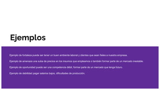 Ejemplos
Ejemplo de fortaleza puede ser tener un buen ambiente laboral y clientes que sean fieles a nuestra empresa.
Ejemplo de amenaza una suba de precios en los insumos que empleamos o también formar parte de un mercado inestable.
Ejemplo de oportunidad puede ser una competencia débil, formar parte de un mercado que tenga futuro.
Ejemplo de debilidad pagar salarios bajos, dificultades de producción.
 
