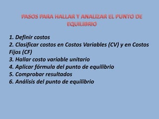 1. Definir costos
2. Clasificar costos en Costos Variables (CV) y en Costos
Fijos (CF)
3. Hallar costo variable unitario
4. Aplicar fórmula del punto de equilibrio
5. Comprobar resultados
6. Análisis del punto de equilibrio
 