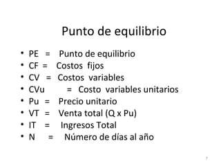 Punto de equilibrio
•   PE =    Punto de equilibrio
•   CF =   Costos fijos
•   CV =   Costos variables
•   CVu       = Costo variables unitarios
•   Pu =   Precio unitario
•   VT =   Venta total (Q x Pu)
•   IT =    Ingresos Total
•   N =      Número de días al año

                                            7
 