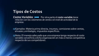 Costos Variables Por otra parte el costo variable tiene
relación con los volúmenes de venta o el nivel de actividad de la
empresa.
ȹEjemplos: Materia prima directa, insumos, comisiones sobre ventas,
envases y embalajes, impuestos específicos.
ȹNota: El manejo adecuado que una empresa tenga respecto al costo
variable convertirá a dicha organización en más o menos competitiva
respecto de sus competidores.
Tipos de Costos
 