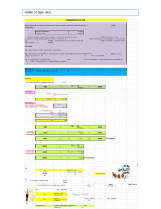 PUNTO DE EQUILIBRIO
Página 7 de 7
5) Una Empresa tiene los siguientes costos totales para una producción de 1,000
Unidades:
Costos variables 20,000$
Costos fijos 10,000$
Se sabe que los costos fijos actuales permiten producir hasta 1,500 unidades. Para
producir una cantidad superior a esa , e inferior a 3,000 unidades, el costo fijo se incrementará
en 5,000$ . Finalmente, para producir más de 3,000 unidades, el costo total
fijo será de 22,000$ .
SE PIDE:
A) Determinar el o los puntos de equilibrio.
B) Determinar cantidad (es) a producir y vender, que haga (n) que la utilidad sea 8,000$ , si el
precio de venta es de 30$ por unidad.
C) Si existiera un impuesto de 15% de las utilidades, y desea tener una utilidad de
8,000$ después de él ¿Cuanto debe vender?
EN GENERAL: COSTO VARIABLE UNITARIO 20
A)
Los costos fijos actuales permiten producir hasta1,500
Q = CF
P-Cvu
PRIMERO :
HALLAMOS EL CVu CVu = CV
Q
CVu = 13.33$
SEGUNDO :
APLICAMOS LA FORMULA Q = CF
PARA DESPEJAR EL VALOR DE P: P-Cv u
P *Q-Q*CVu = CF
P*Q CF+Q*Cv u
P= CF+Q*Cv u
Q
P= 20
Q = CF
P-Cvu
15,000$
6.67
Q = CF
P-Cvu
22,000$
6.67
b)
U = PxQ-CF-CV
8000 = 30xQ-10000-20000
38000 1266.66667
30
c)
8000
I 15%
k 8000 9411.76471
1-% 1-15%
K'= 9411.764706
Costos F+K'
Mcunitario
CF+K' 19411.7647 = 1941.17647
P-(Cvu) 10
EN GENERAL: COSTO VARIABLE UNITARIO 20
PRECIO $ 30
= =
Q=
Q= =
= Q =
UTILIDAD A OBTENER
UTILIDAD DESPUÉS DEL IMPUESTO =
EJERCICIO N° 05
SOLUCIÓN:
DATOS:
1500 < < 3000
1500 < 2,250$ < 3000
< < 3000
1500 < < 3000
Sí CUMPLE
SEGUNDO
PUNTO DE
EQUILIBRIO
3000 <
3000 <
3000 < 3,300$ Sí CUMPLE
PRIMER
PUNTO DE
EQUILIBRIO
1500
 