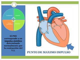 Localización   Amplitud




     Fuerza
                 Extensión
  (Intensidad)




      El PMI
corresponde a un
 impulso sistólico
   determinado
normalmente por
la contracción del
       V.I.
                             PUNTO DE MAXIMO IMPULSO
 