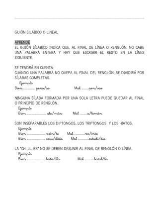 ...............................................................................................................................................
GUIÓN SILÁBICO O LINEAL
APRENDE
EL GUIÓN SÍLABICO INDICA QUE, AL FINAL DE LÍNEA O RENGLÓN, NO CABE
UNA PALABRA ENTERA Y HAY QUE ESCRIBIR EL RESTO EN LA LÍNES
SIGUIENTE.
SE TENDRÁ EN CUENTA:
CUANDO UNA PALABRA NO QUEPA AL FINAL DEL RENGLÓN, SE DIVIDIRÁ POR
SÍLABAS COMPLETAS.
Ejemplo
Bien.............. peno/so Mal ........pen/oso
NINGUNA SÍLABA FORMADA POR UNA SOLA LETRA PUEDE QUEDAR AL FINAL
O PRINCIPIO DE RENGLÓN.
Ejemplo
Bien ..................... ale/mán Mal ........a/lemán
SON INSEPARABLES LOS DIPTONGOS, LOS TRIPTONGOS Y LOS HIATOS.
Ejemplo
Bien .................... vein/te Mal ............ve/inte
Bien .................... estu/diáis Mal ............estudi/áis
LA “CH, LL, RR” NO SE DEBEN DESUNIR AL FINAL DE RENGLÓN O LÍNEA.
Ejemplo
Bien .....................bata/lla Mal ..........batal/la
 