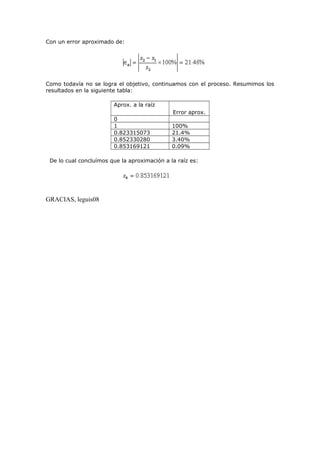 Con un error aproximado de:

Como todavía no se logra el objetivo, continuamos con el proceso. Resumimos los
resultados en la siguiente tabla:
Aprox. a la raíz
Error aprox.
0
1
0.823315073
0.852330280
0.853169121

100%
21.4%
3.40%
0.09%

De lo cual concluímos que la aproximación a la raíz es:

GRACIAS, leguis08

 