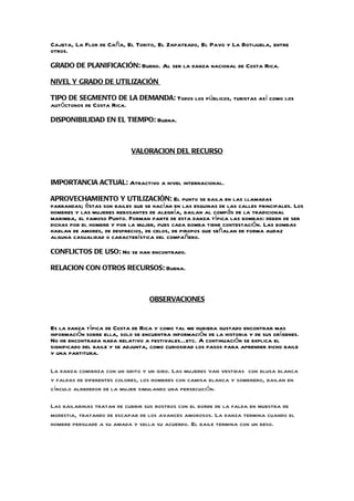 Cajeta, La Flor de Caña, El Torito, El Zapateado, El Pavo y La Botijuela, entre
otros.

GRADO DE PLANIFICACIÓN: Bueno. Al ser la danza nacional de Costa Rica.

NIVEL Y GRADO DE UTILIZACIÓN

TIPO DE SEGMENTO DE LA DEMANDA: Todos los públicos, turistas así como los
autóctonos de Costa Rica.

DISPONIBILIDAD EN EL TIEMPO: Buena.



                            VALORACION DEL RECURSO



IMPORTANCIA ACTUAL: Atractivo a nivel internacional.

APROVECHAMIENTO Y UTILIZACIÓN: El punto se baila en las llamadas
parrandas; éstas son bailes que se hacían en las esquinas de las calles principales. Los
hombres y las mujeres rebosantes de alegría, bailan al compás de la tradicional
marimba, el famoso Punto. Forman parte de esta danza típica las bombas: deben de ser
dichas por el hombre y por la mujer, pues cada bomba tiene contestación. Las bombas
hablan de amores, de desprecios, de celos, de piropos que señalan de forma audaz
alguna casualidad o característica del compañero.

CONFLICTOS DE USO: No se han encontrado.

RELACION CON OTROS RECURSOS: Buena.



                                  OBSERVACIONES


Es la danza típica de Costa de Rica y como tal me hubiera gustado encontrar mas
información sobre ella, solo se encuentra información de la historia y de sus orígenes.
No he encontrada nada relativo a festivales…etc. A continuación se explica el
significado del baile y se adjunta, como curiosidad los pasos para aprender dicho baile
y una partitura.

La danza comienza con un grito y un giro. Las mujeres van vestidas con blusa blanca
y faldas de diferentes colores, los hombres con camisa blanca y sombrero, bailan en
círculo alrededor de la mujer simulando una persecución.

Las bailarinas tratan de cubrir sus rostros con el borde de la falda en muestra de
modestia, tratando de escapar de los avances amorosos. La danza termina cuando el
hombre persuade a su amada y sella su acuerdo. El baile termina con un beso.
 