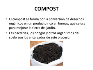 COMPOST
• El compost se forma por la conversión de desechos
  orgánicos en un producto rico en humus, que se usa
  para mejorar la tierra del jardín.
• Las bacterias, los hongos y otros organismos del
  suelo son los encargados de este proceso.
 