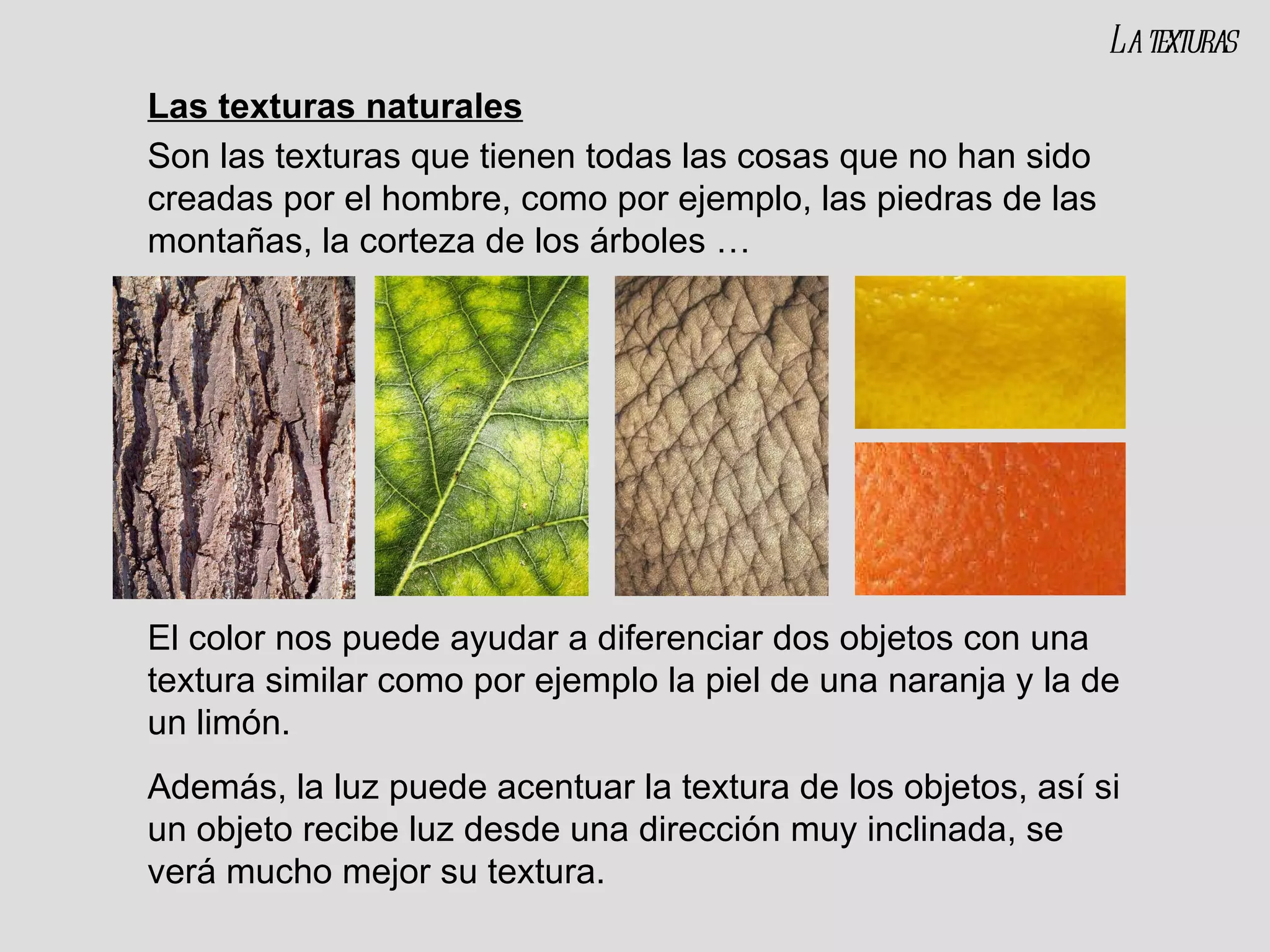 Las texturas naturales Son las texturas que tienen todas las cosas que no han sido creadas por el hombre, como por ejemplo, las piedras de las montañas, la corteza de los árboles … El color nos puede ayudar a diferenciar dos objetos con una textura similar como por ejemplo la piel de una naranja y la de un limón. Además, la luz puede acentuar la textura de los objetos, así si un objeto recibe luz desde una dirección muy inclinada, se verá mucho mejor su textura. La texturas 