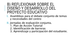 B) REFLEXIONAR SOBRE EL
DISEÑO Y DESARROLLO DEL
PROYECTO EDUCATIVO
I. Asambleas para el debate conjunto de temas
y necesidades del centro
II. Jornadas de evaluación conjunta.
1. Plan de Acción Tutorial
2. Identificación de barreras
3. Aprendizaje y participación del estudiante.