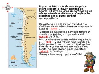 Hay un turista visitando nuestro país y
quiere conocer la mayor cantidad de
lugares. Él está alojando en Santiago así es
que ayudémosle a orientarse. Completa las
oraciones con el punto cardinal
correspondiente.

Me gustaría ir a esquiar por tres días a la
Cordillera de los Andes, entonces tengo que ir
hacia el _______.
           ESTE
 Después de que vuelva a Santiago tomaré un
avión hasta Antofagasta que está en el
NORTE de Chile.
______
Para devolverme a Santiago debo viajar hacia
el ________ y una vez que haya llegado a mi
       SUR
hotel, planearé una visita al archipiélago Juan
Fernández ya que me han dicho que es muy
bonito. No debo olvidar que la isla está al
______ de Santiago.
 OESTE
¡Pero qué bien lo voy a pasar en Chile!
 