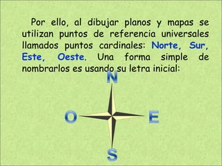 Por ello, al dibujar planos y mapas se utilizan puntos de referencia universales llamados puntos cardinales:  Norte, Sur, Este, Oeste . Una forma simple de nombrarlos es usando su letra inicial: 