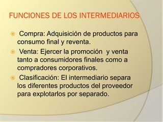 FUNCIONES DE LOS INTERMEDIARIOS
 Compra: Adquisición de productos para
consumo final y reventa.
 Venta: Ejercer la promoción y venta
tanto a consumidores finales como a
compradores corporativos.
 Clasificación: El intermediario separa
los diferentes productos del proveedor
para explotarlos por separado.
 