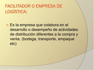 FACILITADOR O EMPRESA DE
LOGÍSTICA:
 Es la empresa que colabora en el
desarrollo o desempeño de actividades
de distribución diferentes a la compra y
venta. (bodega, transporte, empaque
etc)
 