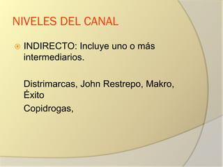 NIVELES DEL CANAL
 INDIRECTO: Incluye uno o más
intermediarios.
Distrimarcas, John Restrepo, Makro,
Éxito
Copidrogas,
 