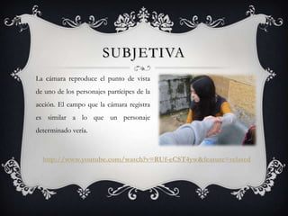 SUBJETIVA
La cámara reproduce el punto de vista
de uno de los personajes partícipes de la
acción. El campo que la cámara registra
es similar a lo que un personaje
determinado vería.



  http://www.youtube.com/watch?v=RUf-eCST4yw&feature=related
 