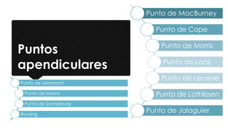 Puntos
apendiculares
Punto de MacBurney
Punto de Cope
Punto de Morris
Punto de Lanz
Punto de Lecene
Punto de Lothlissen
Punto de Jalaguier
Punto de Lenzmann
Punto de Monro
Punto de Sonnerburg
Rovsing
 
