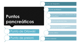 Puntos
pancreáticos
Punto de Desjardins
Punto de Robson
Zona pancreático coledociana de
Chauffard
Punto de Bordas Feliu
Hemicinturon hiperalgésico
izquierdo de Katsch
Punto cístico
Punto corporal
Punto de Orlowski
Punto de preioni
 