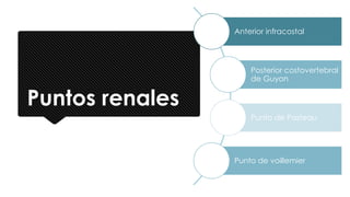 Puntos renales
Anterior infracostal
Posterior costovertebral
de Guyon
Punto de Pasteau
Punto de voillemier
 