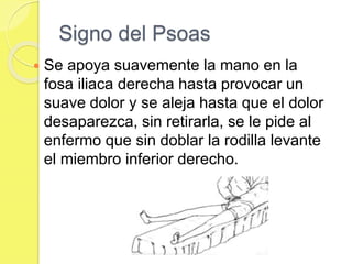 Signo del Psoas 
 Se apoya suavemente la mano en la 
fosa iliaca derecha hasta provocar un 
suave dolor y se aleja hasta que el dolor 
desaparezca, sin retirarla, se le pide al 
enfermo que sin doblar la rodilla levante 
el miembro inferior derecho. 
 