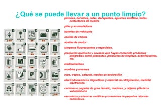 ¿ Qué se puede llevar a un punto limpio? pinturas, barnices, colas, decapantes, aguarrás sintético, tintes, protectores de madera pilas y acumuladores baterías de vehículos aceites de cocina aceites de motor lámparas fluorescentes o especiales. productos químicos y envases que hayan contenido productos peligrosos como pesticidas, productos de limpieza, desinfectantes, etc. medicamentos muebles y enseres ropa, trapos, calzado, textiles de decoración electrodomésticos, frigoríficos y material de refrigeración, material electrónico. cartones o papeles de gran tamaño, maderas, y objetos plásticos voluminosos escombros y chatarras metálicas provenientes de pequeñas reformas domésticas. 