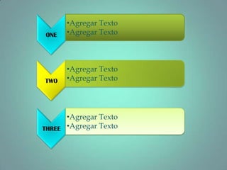 •Agregar Texto
ONE   •Agregar Texto



      •Agregar Texto
TWO   •Agregar Texto




      •Agregar Texto
THREE •Agregar Texto
 