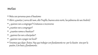 metas
• Meta 200 personas para el bautismo
• Abrir 4 puntos ( curva del sum, alto Trujillo, buenos aires norte, las palmeras de san Andrés)
• ¿ quienes van a congregar? Cristianos o inconverso
• ¿cuantos van a congregar?
• ¿cuantos vamos a bautizar?
• ¿quienes los van a discipular?
• ¿quienes van a pagar ese local?
• Tenemos que dejar frutos. Hay que trabajar con fundamento no por la ilusión sino por la
pasión, Con base y fundamento.
 