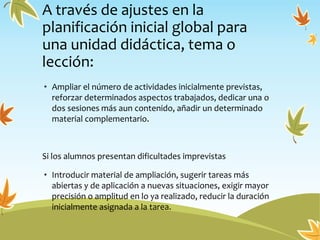 A través de ajustes en la
planificación inicial global para
una unidad didáctica, tema o
lección:
• Ampliar el número de actividades inicialmente previstas,
reforzar determinados aspectos trabajados, dedicar una o
dos sesiones más aun contenido, añadir un determinado
material complementario.
Si los alumnos presentan dificultades imprevistas
• Introducir material de ampliación, sugerir tareas más
abiertas y de aplicación a nuevas situaciones, exigir mayor
precisión o amplitud en lo ya realizado, reducir la duración
inicialmente asignada a la tarea.
 