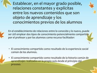 Establecer, en el mayor grado posible,
relaciones constantes y explícitas
entre los nuevos contenidos que son
objeto de aprendizaje y los
conocimientos previos de los alumnos
En el establecimiento de relaciones entre lo conocido y lo nuevo, puede
ser útil emplear dos tipos de conocimiento potencialmente compartido
por el profesor y por los alumnos como recurso facilitador:
• El conocimiento compartido como resultado de la experiencia social
común de los alumnos.
• El conocimiento compartido como resultado de la historia común de
aprendizajes realizados en la propia aula desde el principio del
proceso.
 