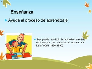Enseñanza
►“No puede sustituir la actividad mental
constructiva del alumno ni ocupar su
lugar” (Coll, 1986,1990)
►Ayuda al proceso de aprendizaje
 