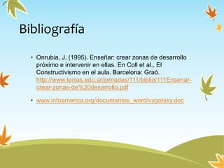 Bibliografía
• Onrubia, J. (1995). Enseñar: crear zonas de desarrollo
próximo e intervenir en ellas. En Coll et al., El
Constructivismo en el aula. Barcelona: Graó.
http://www.terras.edu.ar/jornadas/111/biblio/111Ensenar-
crear-zonas-de%20desarrollo.pdf
• www.infoamerica.org/documentos_word/vygotsky.doc
 
