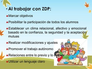 • Al trabajar con ZDP:
Marcar objetivos
Posibilitar la participación de todos los alumnos
Establecer un clima relacional, afectivo y emocional
basado en la confianza, la seguridad y la aceptación
mutuas
Realizar modificaciones y ajustes
Promover el trabajo autónomo
Relaciones entre lo previo y lo nuevo
Utilizar un lenguaje claro
 