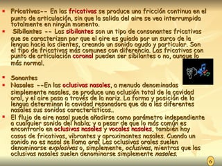 Fricativas--  En las  fricativas  se produce una fricción continua en el punto de articulación, sin que la salida del aire se vea interrumpida totalmente en ningún momento.  Sibilantes --  Las  sibilantes  son un tipo de consonantes fricativas que se caracterizan por que el aire es guiado por un surco de la lengua hacia los dientes, creando un sonido agudo y particular. Son el tipo de fricativas más comunes con diferencia. Las fricativas con punto de articulación  coronal  pueden ser sibilantes o no, aunque lo más normal. Sonantes Nasales -- En las  oclusivas nasales , a menudo denominadas simplemente nasales, se produce una oclusión total de la cavidad oral, y el aire pasa a través de la nariz. La forma y posición de la lengua determinan la cavidad resonadora que da a las diferentes nasales sus sonidos característicos.. El flujo de aire nasal puede añadirse como parámetro independiente a cualquier sonido del habla; y a pesar de que lo más común es encontrarlo en  oclusivas nasales  y  vocales nasales , también hay casos de fricativas, vibrantes y aproximantes nasales. Cuando un sonido no es nasal se llama  oral . Las oclusivas orales suelen denominarse  explosivas  o, simplemente,  oclusivas , mientras que las oclusivas nasales suelen denominarse simplemente  nasales. 6 