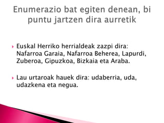  Euskal Herriko herrialdeak zazpi dira:
Nafarroa Garaia, Nafarroa Beherea, Lapurdi,
Zuberoa, Gipuzkoa, Bizkaia eta Araba.
 Lau urtaroak hauek dira: udaberria, uda,
udazkena eta negua.
 