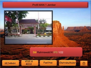 Profil MAN 1 Jember

Siti Rahmawati/XI IPS 1/22

SEJARAH

VISI &
MISI

Fasilitas

Ekstrakulikuler

 