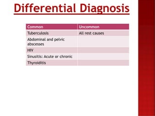 Differential Diagnosis
Common Uncommon
Tuberculosis All rest causes
Abdominal and pelvic
abscesses
HIV
Sinusitis: Acute or chronic
Thyroiditis
 