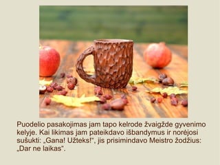 Puodelio pasakojimas jam tapo kelrode žvaigžde gyvenimo
kelyje. Kai likimas jam pateikdavo išbandymus ir norėjosi
sušukti: „Gana! Užteks!“, jis prisimindavo Meistro žodžius:
„Dar ne laikas“.
 