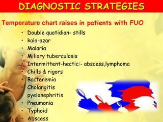 Temperature chart raises in patients with FUO
• Double quotidian- stills
• kala-azar
• Malaria
• Miliary tuberculosis
• Intermittent-hectic:- abscess,lymphoma
• Chills & rigors
• Bacteremia
• Cholangitis
• pyelonephritis
• Pneumonia
• Typhoid
• Abscess
DIAGNOSTIC STRATEGIES
 