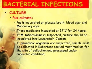 BACTERIAL INFECTIONS
• CULTURE
• Pus culture:
• Pus is inoculated on glucose broth, blood agar and
MacConkey agar.
• These media are incubated at 37°C for 24 hours.
• If M.tuberculosis is suspected, culture should be
inoculated into Lowenstein-Jensen.
• If anaerobic organism are suspected, sample must
be collected in Robertson cooked meat medium for
the site of collection and processed under
anaerobic condition.
 