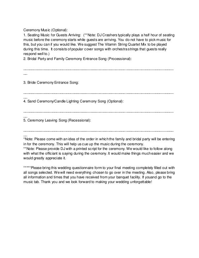 Wedding Dj Questionnaire