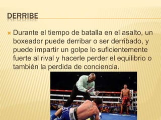 DERRIBE 
 Durante el tiempo de batalla en el asalto, un 
boxeador puede derribar o ser derribado, y 
puede impartir un golpe lo suficientemente 
fuerte al rival y hacerle perder el equilibrio o 
también la perdida de conciencia. 
 