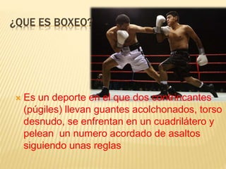 ¿QUE ES BOXEO? 
 Es un deporte en el que dos contrincantes 
(púgiles) llevan guantes acolchonados, torso 
desnudo, se enfrentan en un cuadrilátero y 
pelean un numero acordado de asaltos 
siguiendo unas reglas 
 