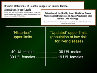 “Historical”    “Updated” upper limits
 upper limits    (population at low risk
                    for liver disease)

 40 U/L males         30 U/L males
30 U/L females       19 U/L females
 
