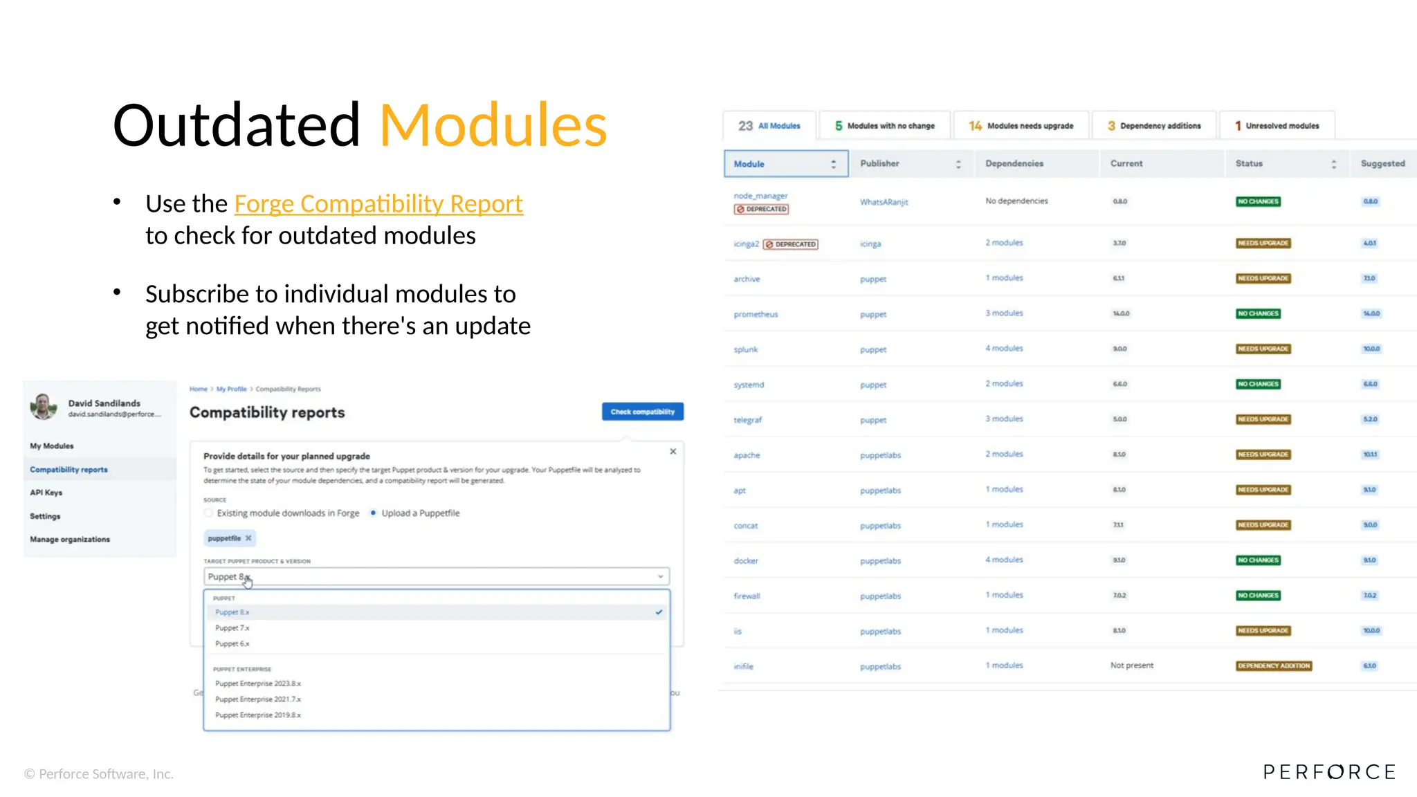 © Perforce Software, Inc.
Outdated Modules
• Use the Forge Compatibility Report
to check for outdated modules
• Subscribe to individual modules to
get notified when there's an update
 
