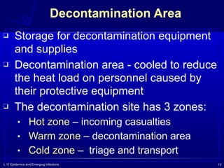 L 11 Epidemics and Emerging Infections 13
Decontamination Area
❑ Storage for decontamination equipment
and supplies
❑ Decontamination area - cooled to reduce
the heat load on personnel caused by
their protective equipment
❑ The decontamination site has 3 zones:
▪ Hot zone – incoming casualties
▪ Warm zone – decontamination area
▪ Cold zone – triage and transport
 