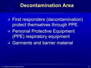 L 11 Epidemics and Emerging Infections 20
Decontamination Area
❑ First responders (decontamination)
protect themselves through PPE.
❑ Personal Protective Equipment
(PPE) respiratory equipment
❑ Garments and barrier material
 