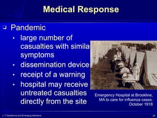 L 11 Epidemics and Emerging Infections 24
Medical Response
❑ Pandemic
▪ large number of
casualties with similar
symptoms
▪ dissemination device
▪ receipt of a warning
▪ hospital may receive
untreated casualties
directly from the site
Emergency Hospital at Brookline,
MA to care for influenza cases.
October 1918
 