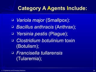 L 11 Epidemics and Emerging Infections 28
Category A Agents Include:
❑ Variola major (Smallpox):
❑ Bacillus anthracis (Anthrax);
❑ Yersinia pestis (Plague);
❑ Clostridium botulinium toxin
(Botulism);
❑ Francisella tullarensis
(Tularemia);
 