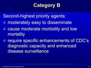 L 11 Epidemics and Emerging Infections 30
Category B
Second-highest priority agents:
❑ moderately easy to disseminate
❑ cause moderate morbidity and low
mortality
❑ require specific enhancements of CDC’s
diagnostic capacity and enhanced
disease surveillance
 