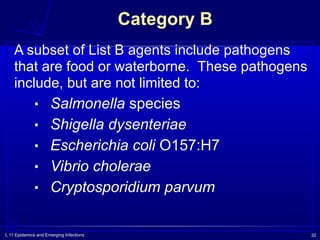 L 11 Epidemics and Emerging Infections 32
Category B
A subset of List B agents include pathogens
that are food or waterborne. These pathogens
include, but are not limited to:
▪ Salmonella species
▪ Shigella dysenteriae
▪ Escherichia coli O157:H7
▪ Vibrio cholerae
▪ Cryptosporidium parvum
 