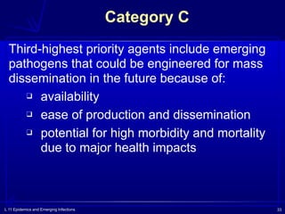 L 11 Epidemics and Emerging Infections 33
Category C
Third-highest priority agents include emerging
pathogens that could be engineered for mass
dissemination in the future because of:
❑ availability
❑ ease of production and dissemination
❑ potential for high morbidity and mortality
due to major health impacts
 